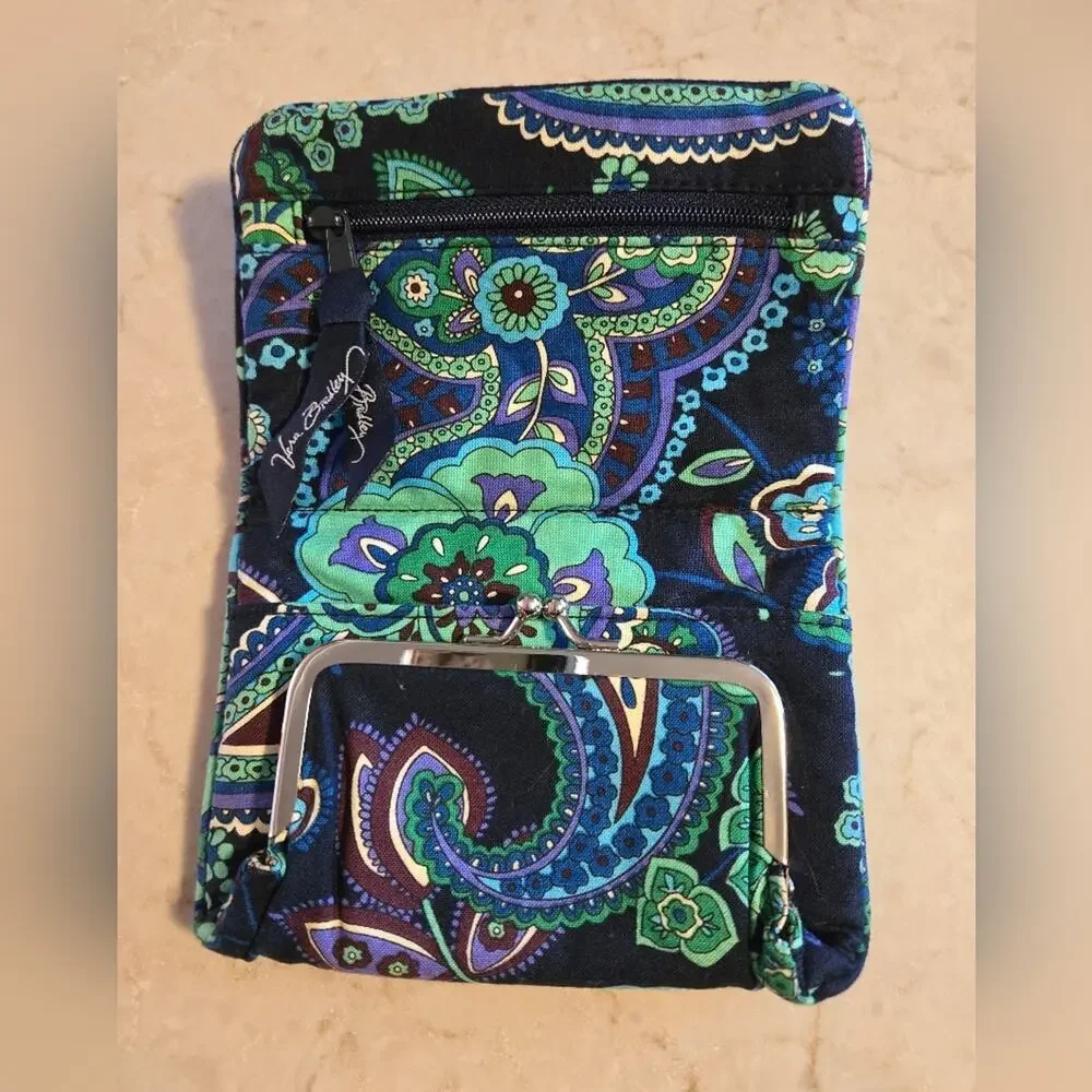 Vera Bradley Quilted Wallet Keychain Cover Coin Clasp Pocket Paisley Blue Green - Picture 3 of 9